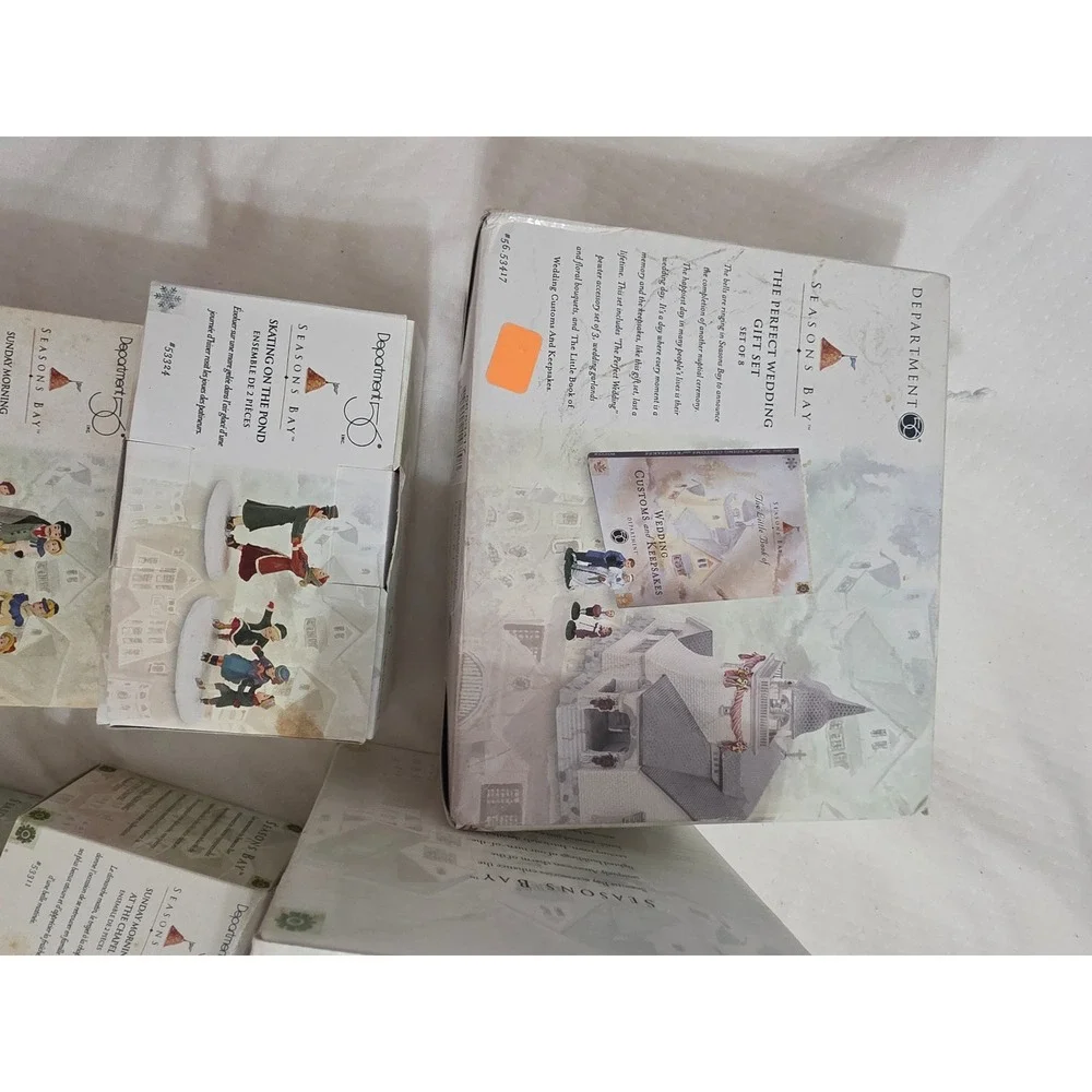 Dept 56 Seasons Bay Village Lot Wedding Skating Sunday Morning Fun Snow Trees ×5